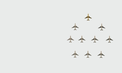 The pattern of gold and silver planes. Jet flying in the air, turns, formation. 3d rendering on the topic of aviation, flights, travel. Modern minimal style.