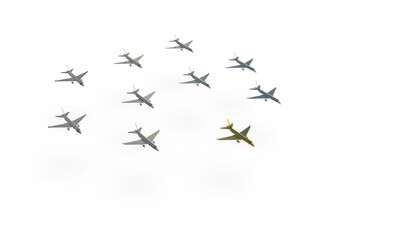 The pattern of gold and silver planes. Jet flying in the air, turns, formation. 3d rendering on the topic of aviation, flights, travel. Modern minimal style.