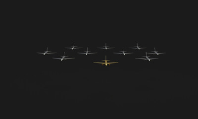 A pattern of silver and gold aircraft on a black background. 3d rendering on the topic of flights, travel, aviation.
