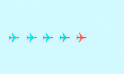 The pattern of red and blue planes. Planes fly in the air, turns, formation. 3d rendering on the topic of aviation, flights, travel. Modern minimal style.