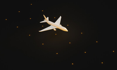 A white Jet takes off into the air at night. 3d rendering on the topic of aviation, flights, travel. Modern minimal style, black background.