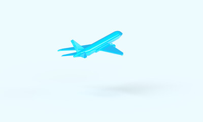 The blue Jet takes off into the air. 3d rendering on the topic of aviation, flights, travel. Modern minimal style.