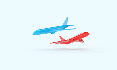 The red and blue aircraft are piloting, flying in the air. 3d rendering on the topic of aviation, flights, travel. Modern minimal style.