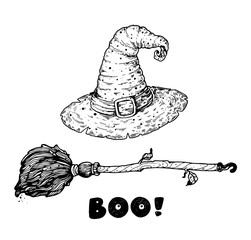 Happy Halloween. Witch hat and magic broom sketch. Hand drawn vector illustration. Design element. Vintage design for the holiday Halloween.