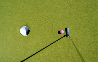 Pink golf ball by a hole on a mini golf course.