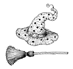 Happy Halloween. Witch hat and magic broom sketch. Hand drawn vector illustration. Design element. Vintage design for the holiday Halloween.