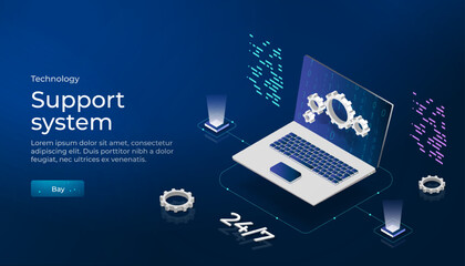 Technical support system. Remote access and control of a desktop computer or laptop via an Internet connection. software development. Abstract vector in isometric style with wireframe.
