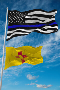 Thin Blue Line Flag Of US With Smaller Flag Of New Mexico State, Usa At Cloudy Sky Background. United States Of America Police Flag. Copy Space For Vertical Banner