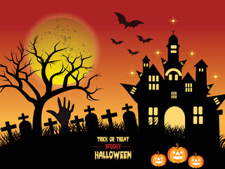 Vintage Happy Halloween haunted house pumpkins and moonlight design 08