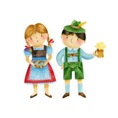 Watercolor illustration of girl with pretzel and boy with beer. Hand drawn illustration - Germany characters in traditional clothes. October festival illustration.