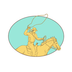 Rodeo Cowboy Lasso Horse Circle Drawing