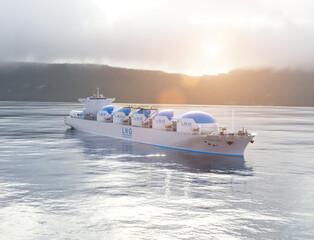 LNG - Liquified natural gas tanker with gas tanks powered with h2 hydrogen engines on the ocean, deliver LNG