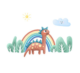 cartoon dinosaur with cloud and sun