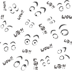 Seamless pattern of caricature characters eyes different emotions. Trendy cartoon caricature eyes pictures set.  Expression and communication concept without words.
