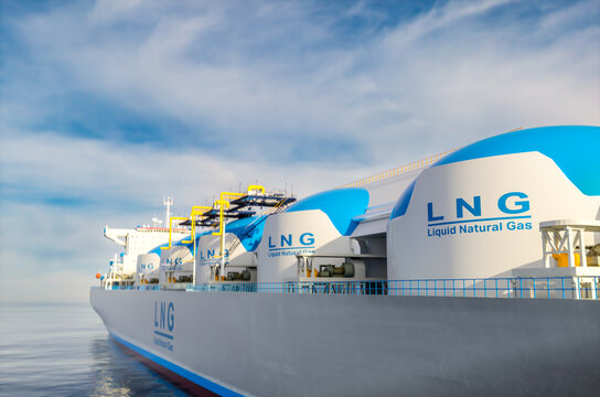 LNG - Liquified natural gas tanker with gas tanks powered with h2 hydrogen engines on the ocean, deliver LNG