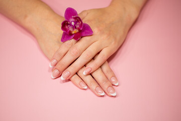Fototapeta premium female hands with beautiful classic french white manicure. Fingers isolated on a pastel pink background.