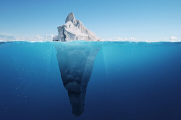 Amazing iceberg with a hidden iceberg underwater in the ocean. The tip of the iceberg, a concept....