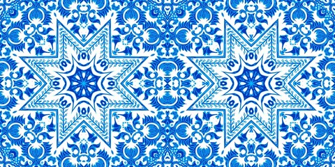  Blue white watercolor azulejo tile border background. Seamless coastal geometrical floral mosaic effect banner. Ornamental arabesque summer fashion repeat edge trim.