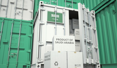 Cargo containers and boxes with products from Saudi Arabia. National industry related conceptual 3D rendering