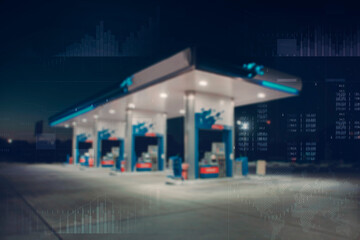 Gas station with fuel dispensers on technological background. Graph of rising prices for gasoline...