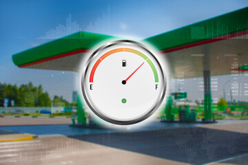 Gas station with fuel gauge for cars. Refill green in blur. Blurred photo for background.