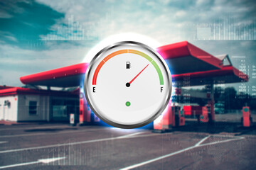 Gas station with fuel gauge for cars. Refill green in blur. Blurred photo for background.