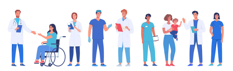 Medical workers, doctors and nurses treat patients. Character design of medical workers