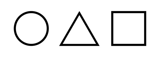 Basic Set of Primary Geometrical Shapes or Forms including Circle, Triangle and Square with Contour Line or Outline. Vector Image.