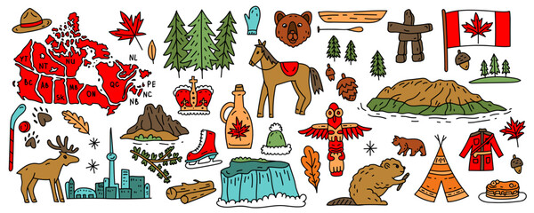 Canada vector travel symbols set. Collection of national canadian icons. Set of design elements in a flat style. Tourism. Vector concept for greeting cards, banners and posters.