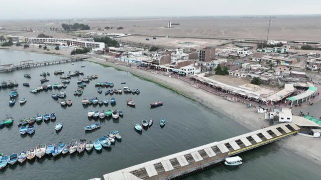 Paracas Port in Peru with the boats and city.
