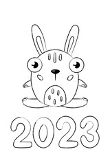 Contour hand drawing, funny bunny. Textured line. The numbers are 2023. Rabbit is a symbol of the Chinese horoscope. The character is an animal. Doodle, cartoon style. Easter.