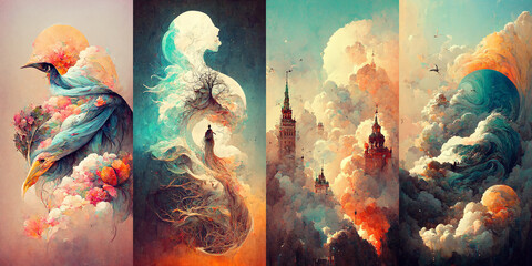 Obraz na płótnie Canvas painting wonder illustration, clouds, magic, on canvas