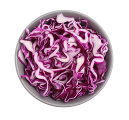 Obraz premium Bowl with shredded fresh red cabbage isolated on white, top view