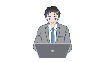 笑顔でノートパソコンを操作するスーツを着た男性