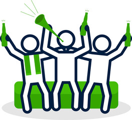 Soccer or football fans with beer bottle cheer for their team on sofa.