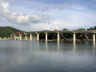 Fototapeta na wymiar Scenery of Hondo Seto with the Amakusa Seto Ohashi Bridge connecting Kamishima and Shimoshima in Amakusa