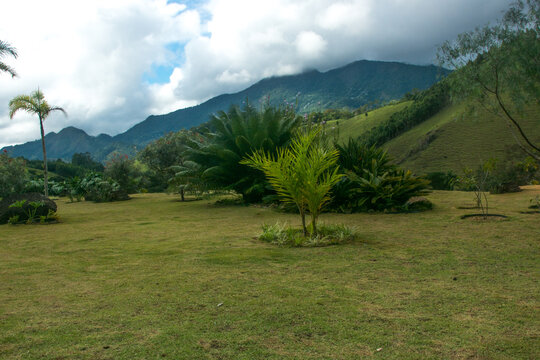 Landscape with trees and clouds in the city of Macuco, State of Rio de Janeiro, Brazil.