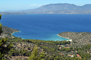 View of Arakoukia beach and Saronic gulf in Corinthia, Peloponnese, Greece.