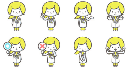 医療従事者　いろんなポーズで説明する優しそうな女性医師セット　黄色バージョン