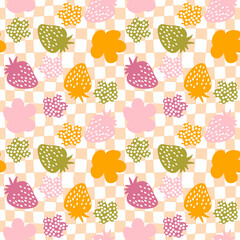 Psychedelic seamless pattern with strawberries and spotted flowers. Retro summer print for fabric, paper, T-shirt in 1970s style. Trippy grid distorted background for decor and design.