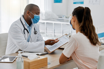 Health insurance, compliance and medical admin in covid pandemic, doctor consulting with patient in...
