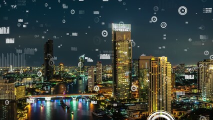 Business data analytic interface fly over smart city showing alteration future of business intelligence. Computer software and artificial intelligence are used to analyze big data for strategic plan .