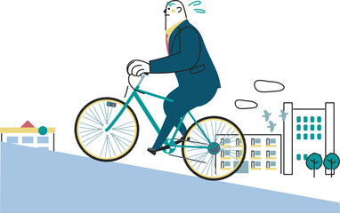 自転車に乗ってビジネス街を走るビジネスパーソン　イラスト素材