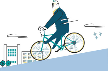 自転車に乗ってビジネス街を走るビジネスパーソン　イラスト素材