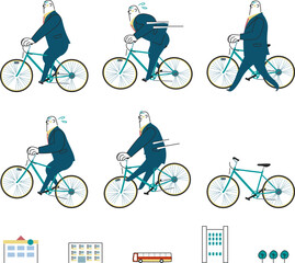 Fototapeta premium 自転車に乗ってビジネス街を走るビジネスパーソン セット イラスト素材 