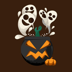 Zombie hands in the witch's cauldron and spirits floating around.