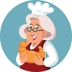 Baker Shop Lady Holding a Big Croissant Vector Illustration. Happy granny with giant pastry product for breakfast 
