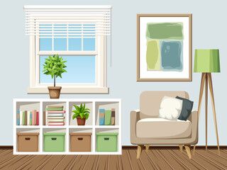 Cozy modern room interior with an armchair, shelving, a window, and a big abstract painting. Cartoon vector illustration