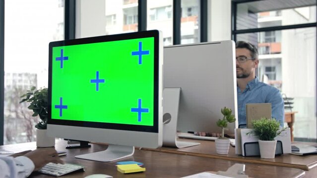 Green screen, mock up or chroma key on computer with tracking markers for business website, marketing or kpi data. Business people and creative web design men working on contact us logo brand on tech