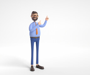 3d illustration. Cartoon character man isolated on pink background. Funny guy wears blue shirt shows direction with index finger. Recommendation concept